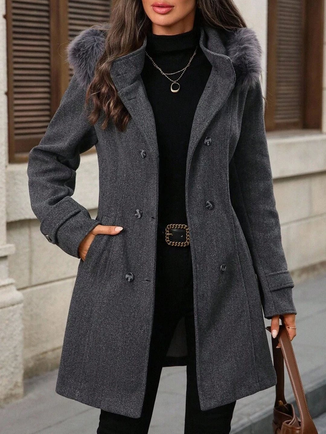 Damen modischer Mantel mit abnehmbarem Kunstpelzkragen und tailliertem Schnitt Fudus