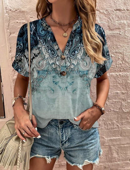 Damen Kurzarm Blusenshirt mit Knopfdetaillierung und trendigem Streifenmuster Fudus