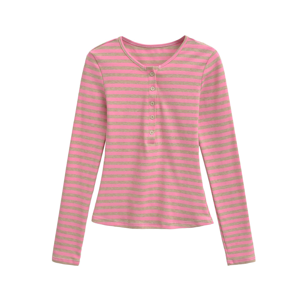 Damen langärmliges gestreiftes Oberteil mit Knopfdetail Fudus