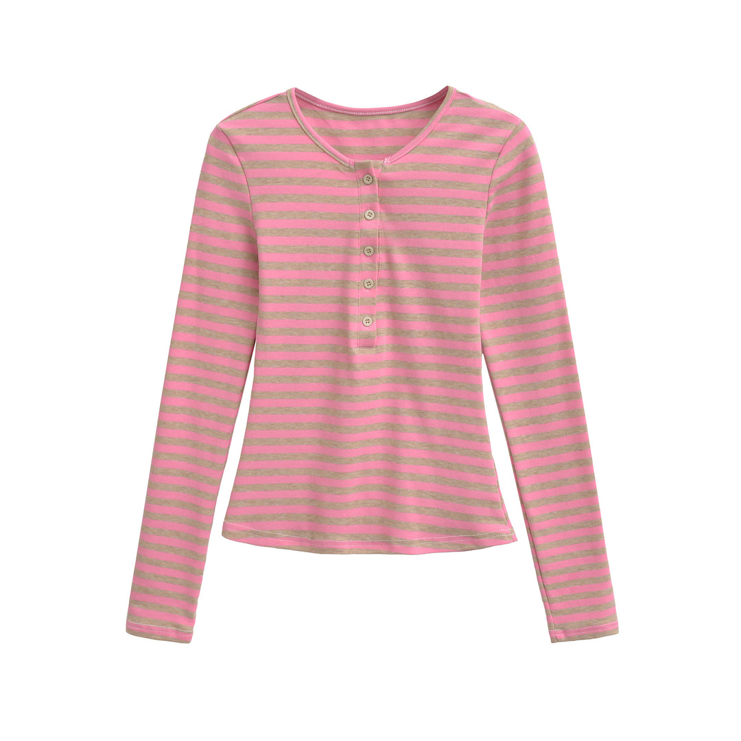 Damen langärmliges gestreiftes Oberteil mit Knopfdetail Fudus