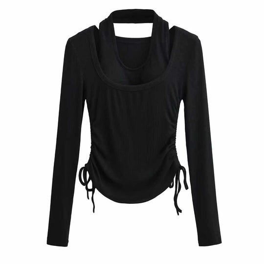 Damen langärmeliges Oberteil mit dekorativem Knoten Fudus