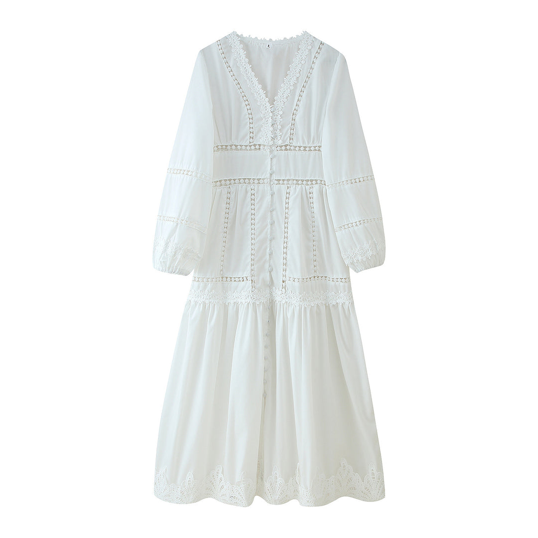 Damen langärmliges Maxikleid mit elegantem Spitzenbesatz und Rüschendetails Fudus