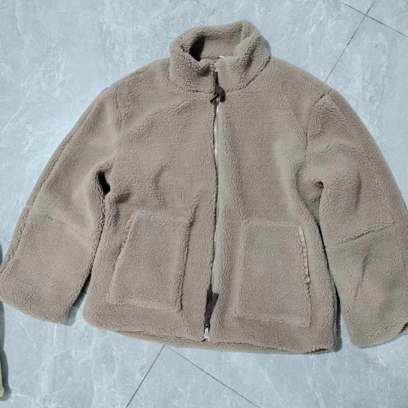 Damen Kuschelige Teddyfelljacke mit hohen Kragen und Reißverschluss Fudus