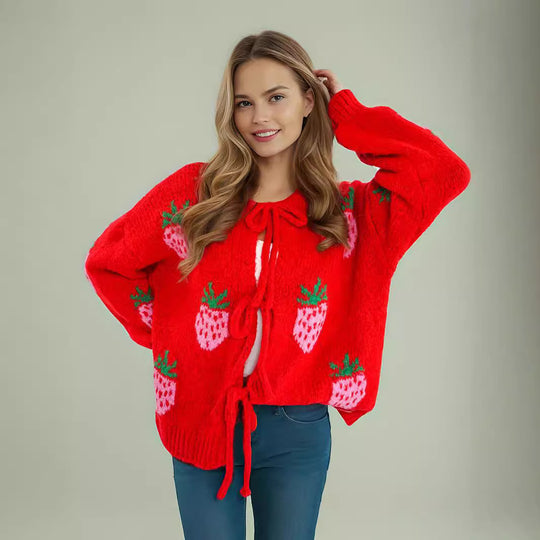 Damen kuscheliger Pullover mit fruchtigem Erdbeer-Motiv Fudus