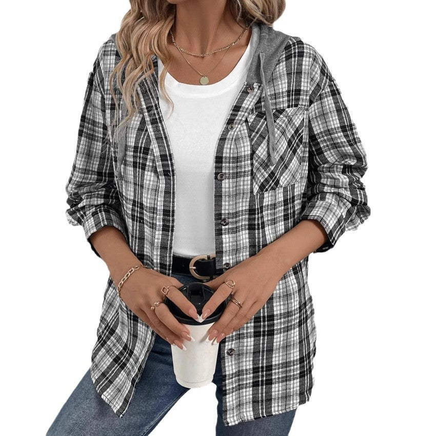 Damen Karierte Flanelljacke mit Kapuze Fudus