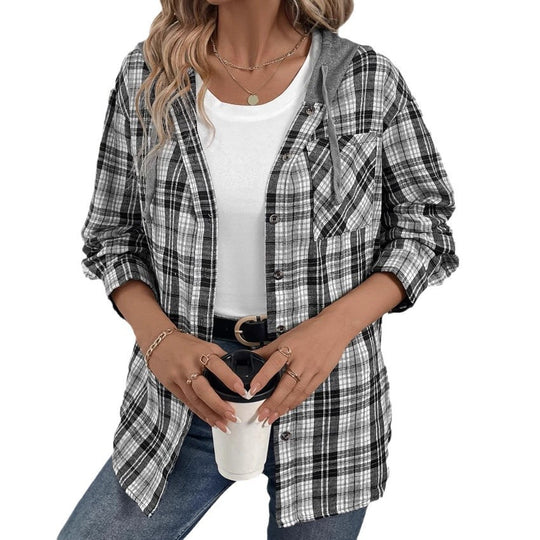 Damen Karierte Flanelljacke mit Kapuze Fudus