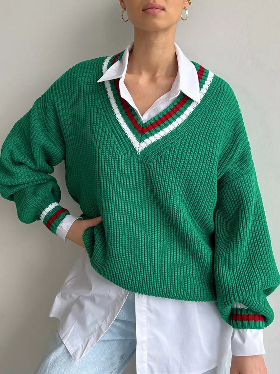 Damen Grobstrickpullover mit dekorativem V-Ausschnitt Fudus