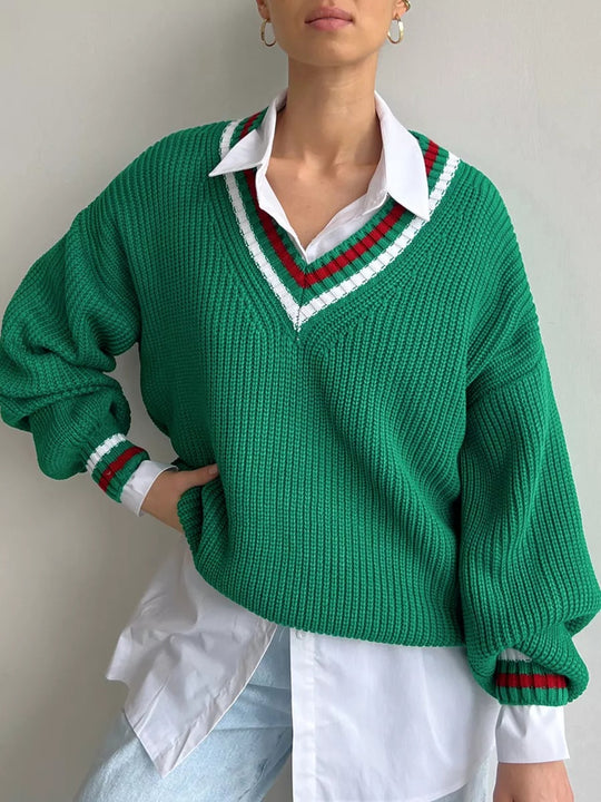 Damen Grobstrickpullover mit dekorativem V-Ausschnitt Fudus