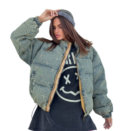 Damen lässige Steppjacke im Vintage-Stil mit hohem Kragen Fudus