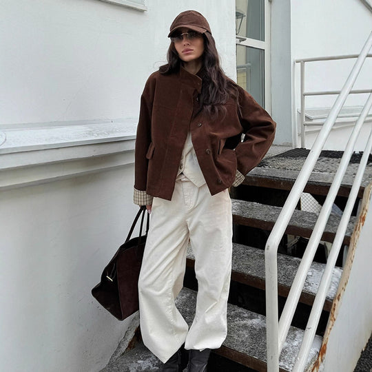 Damen lässige Cordjacke mit einzigartigem Schnitt und modischen Details Fudus