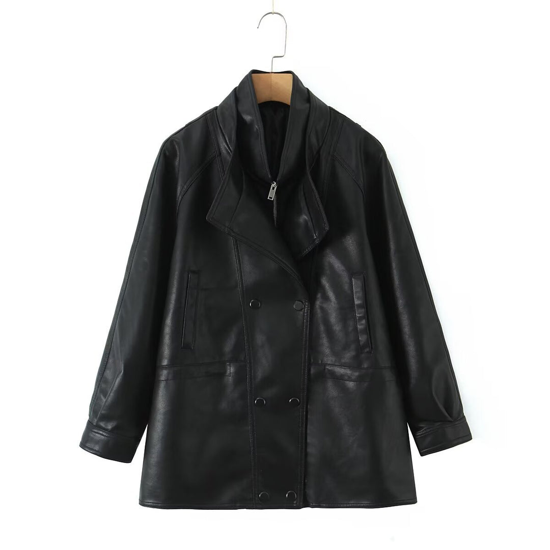 Damen Kunstlederjacke mit breitem Revers und praktischen Taschen Fudus