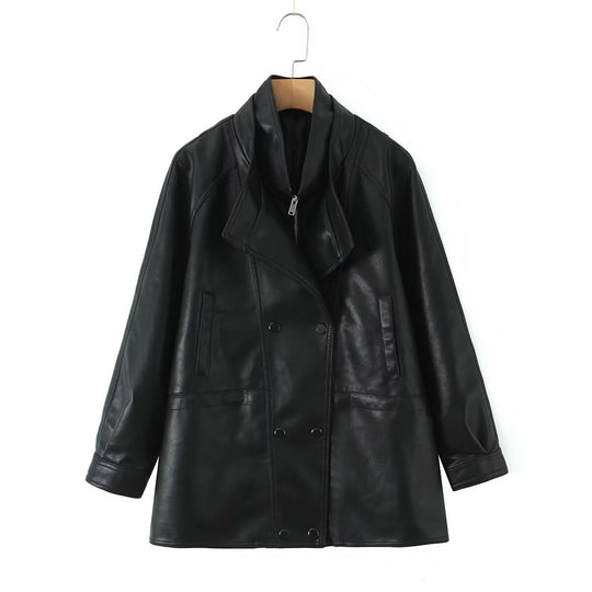 Damen Kunstlederjacke mit breitem Revers und praktischen Taschen Fudus