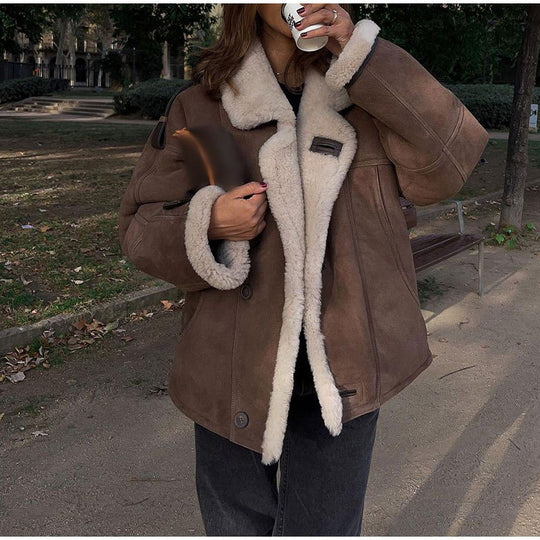 Damen Lässig gefütterte Wildlederjacke mit oversize Schnitt Fudus