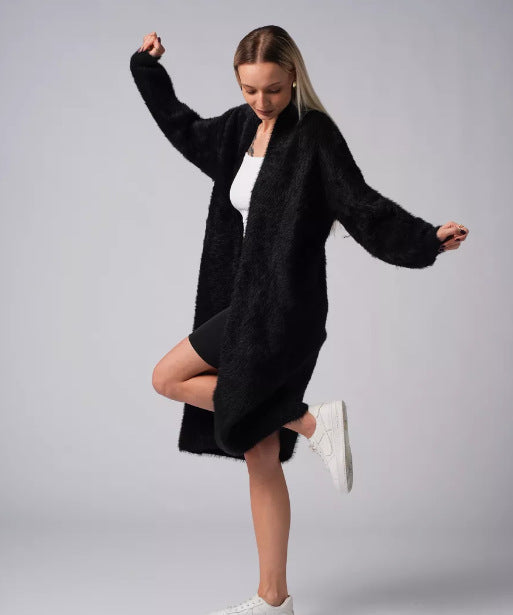 Damen Langer Flauschiger Cardigan mit offenem Schnitt und überschnittenen Ärmeln Fudus