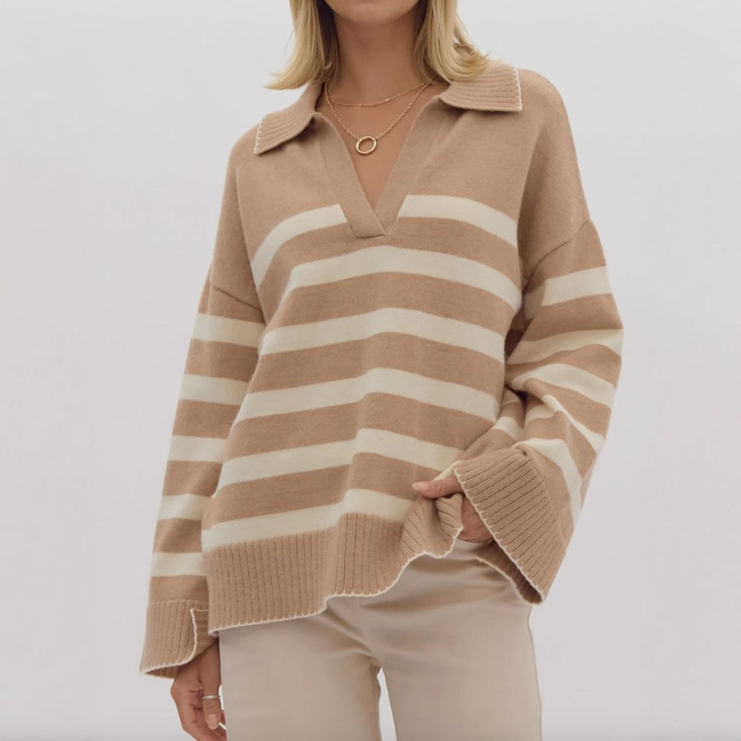 Damen kuschelige Strickpullover mit modernem Streifenmuster und V-Ausschnitt Fudus