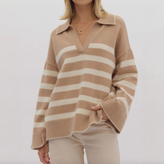 Damen kuschelige Strickpullover mit modernem Streifenmuster und V-Ausschnitt Fudus