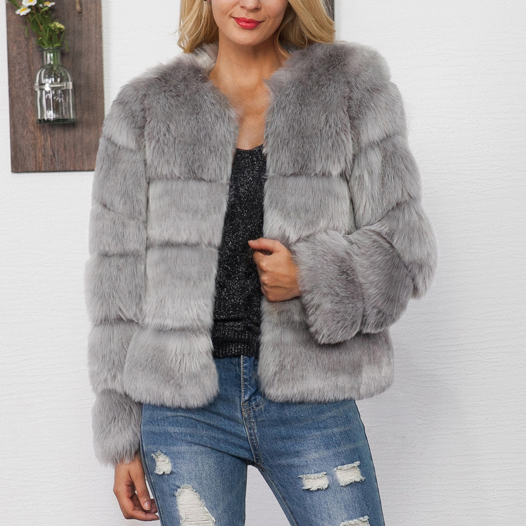 Damen Kurzhaarmantel aus Kunstfell mit Kapuze Fudus