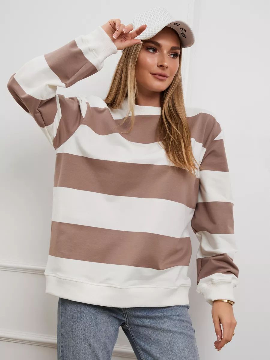 Damen gestreifter Langarm-Pullover mit weitem Schnitt Fudus