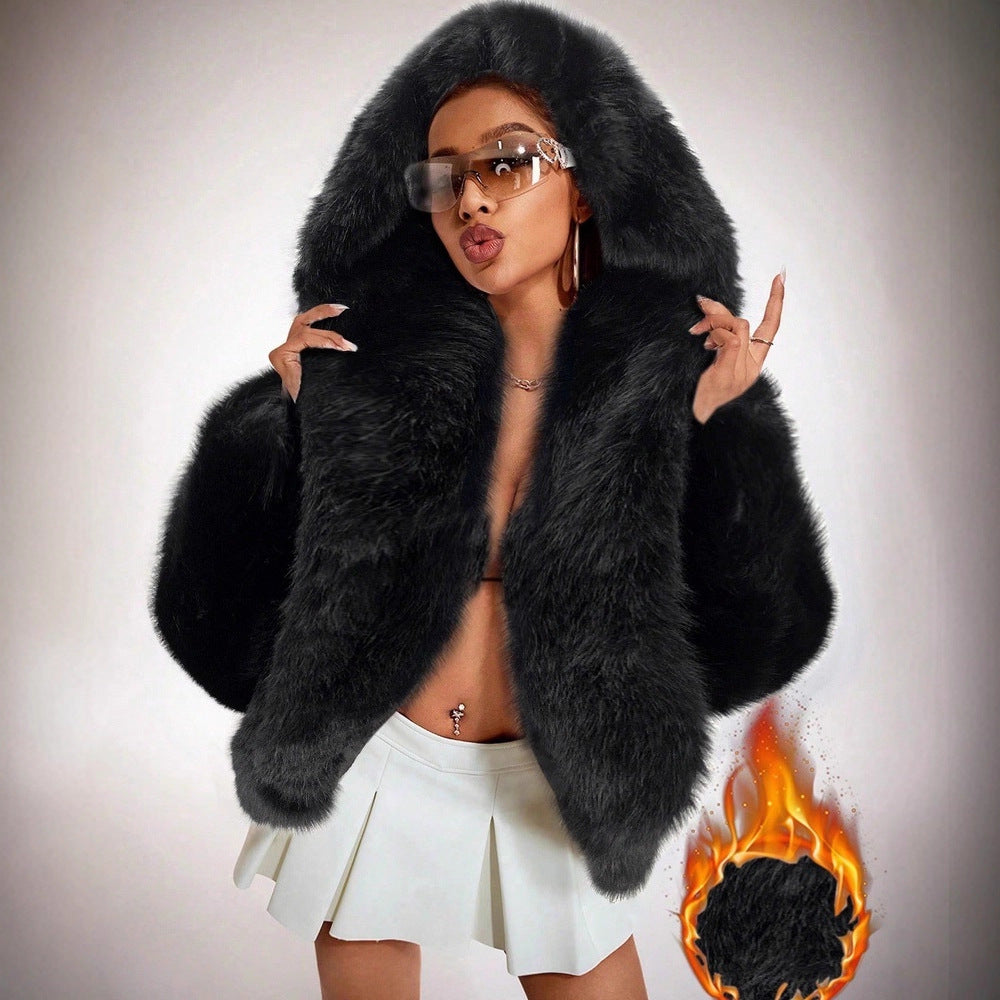 Damen Hochwertige elegante Kunstpelzjacke mit Kapuze Fudus