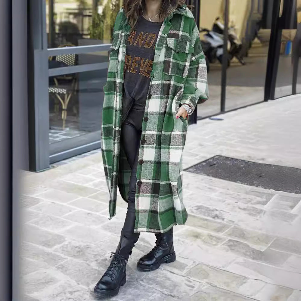 Damen Langer Karomantel mit praktischen Taschen und knöpfbarem Verschluss Fudus