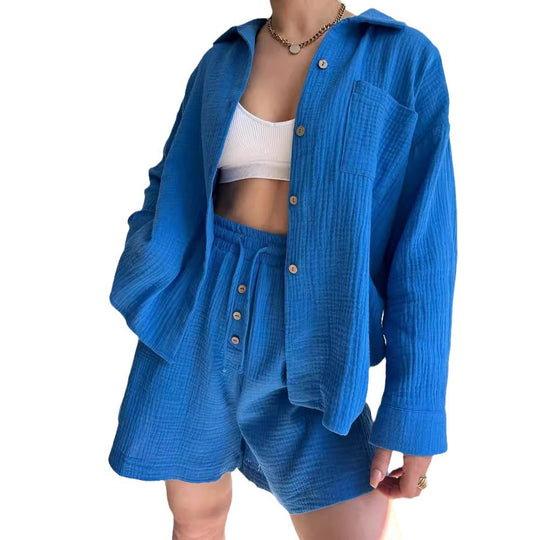 Damen lässige Overshirtjacke aus leichtem Material mit Holzknöpfen Fudus