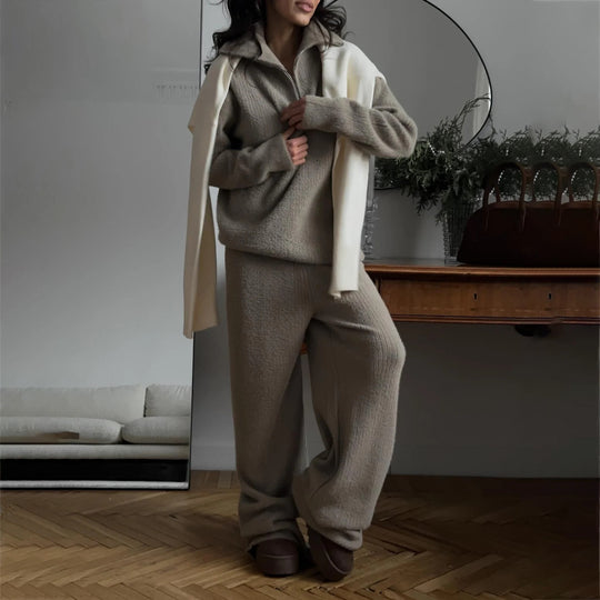 Damen kuscheliger Sweatanzug mit hohem Kragen und seitlichen Einschubtaschen Fudus