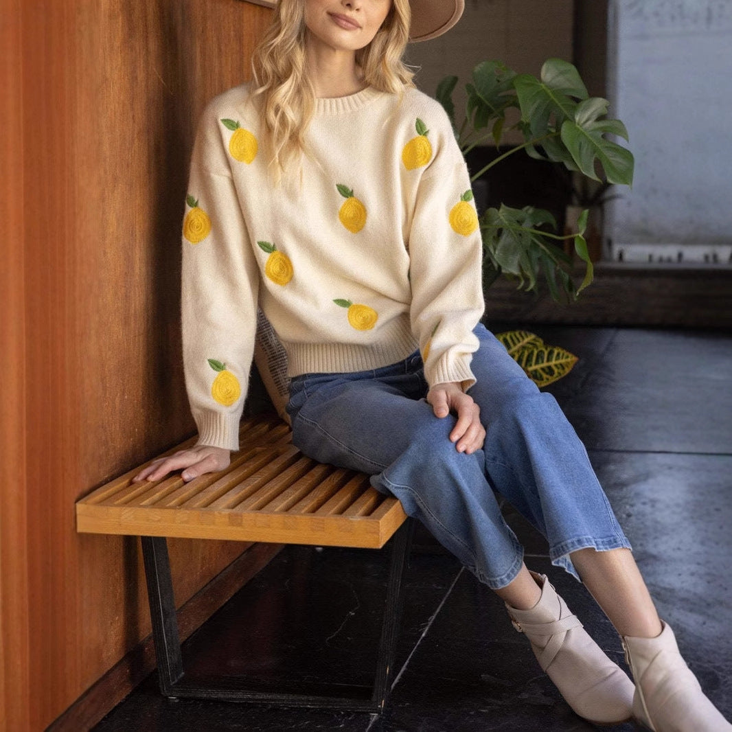 Damen kuscheliger Strickpullover mit Zitronenstickerei Fudus