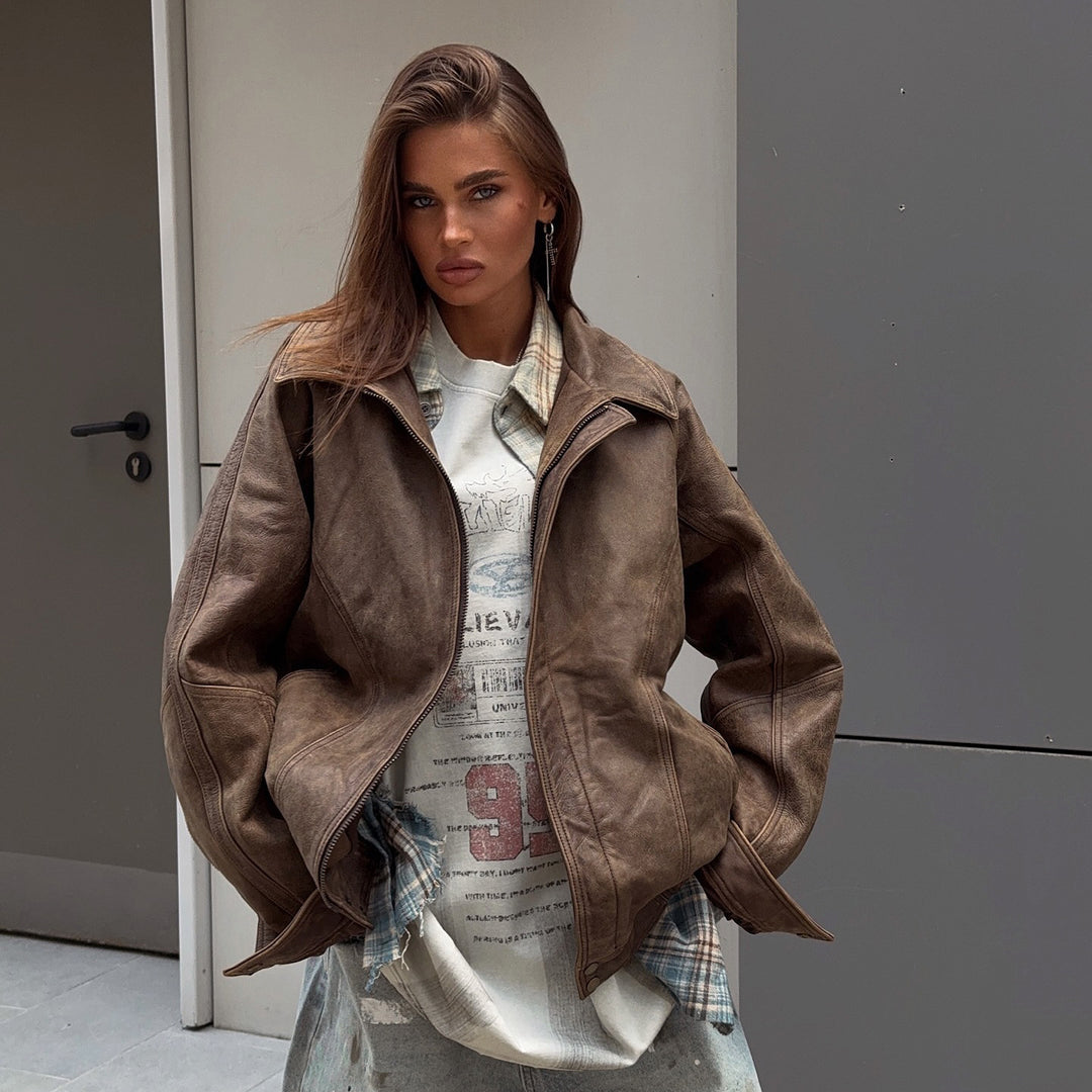 Damen lässige Lederjacke mit oversized Schnitt und praktischen Taschen Fudus