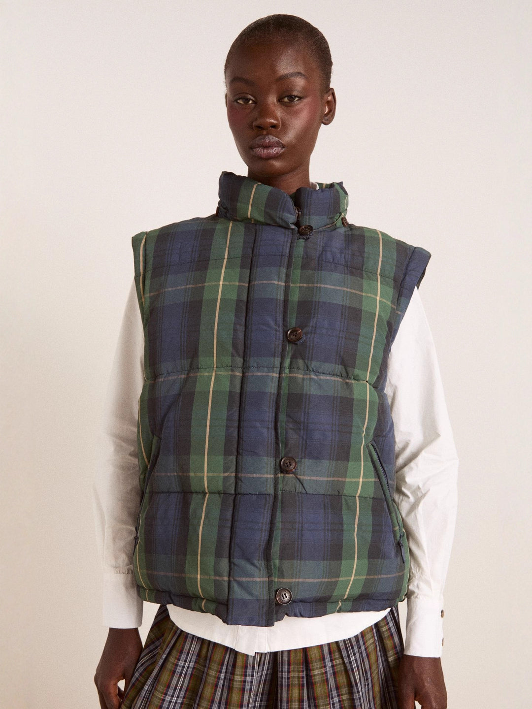 Damen Kurze Karierte Baumwolljacke mit Abnehmbarer Kapuze