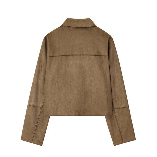 Damen kurze Utility-Jacke mit großen Taschen und modischem Kragen Fudus