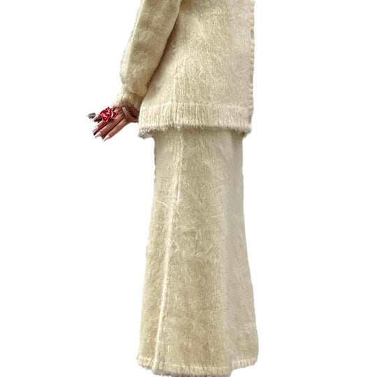 Damen kuschelige Strickjacke und Wadenlanger Rock Set Fudus
