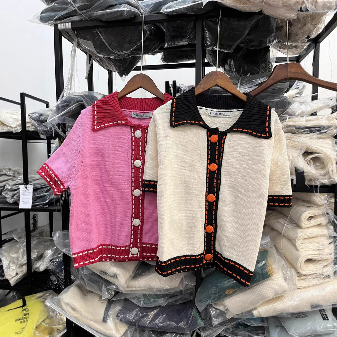 Damen Kurzarmpullover mit kontrastierenden Details Fudus