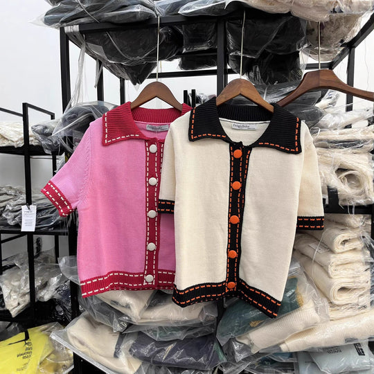 Damen Kurzarmpullover mit kontrastierenden Details Fudus