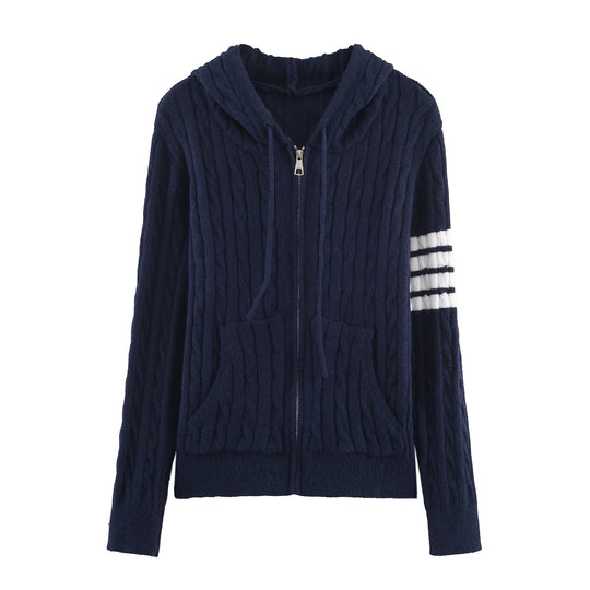 Damen Kapuzenstrickjacke mit Kabelmuster und großen Taschen Fudus