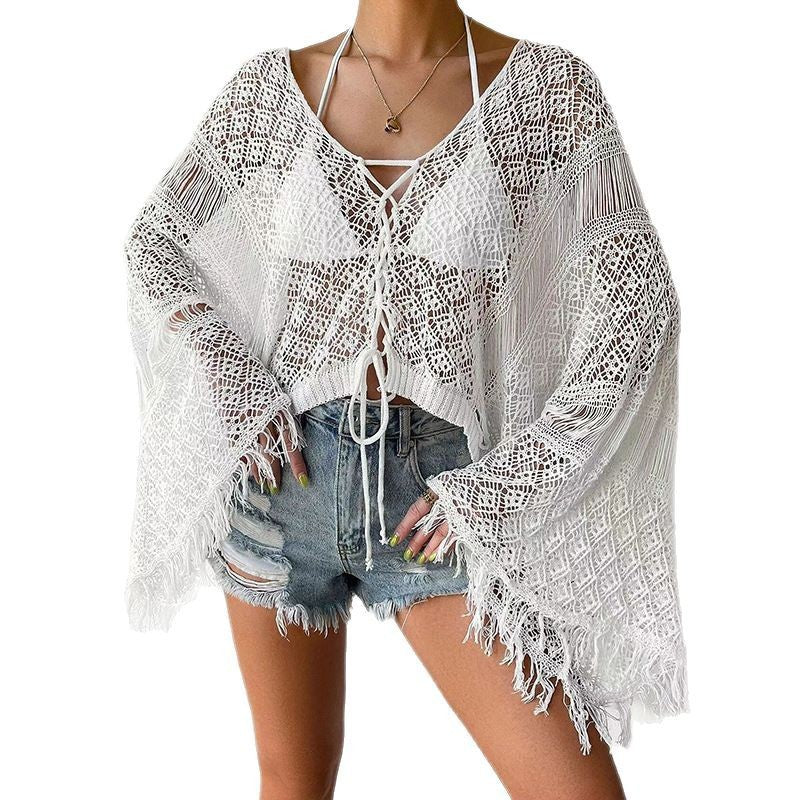 Damen Häkel-Strandüberwurf mit eleganten Fransen und V-Ausschnitt Fudus