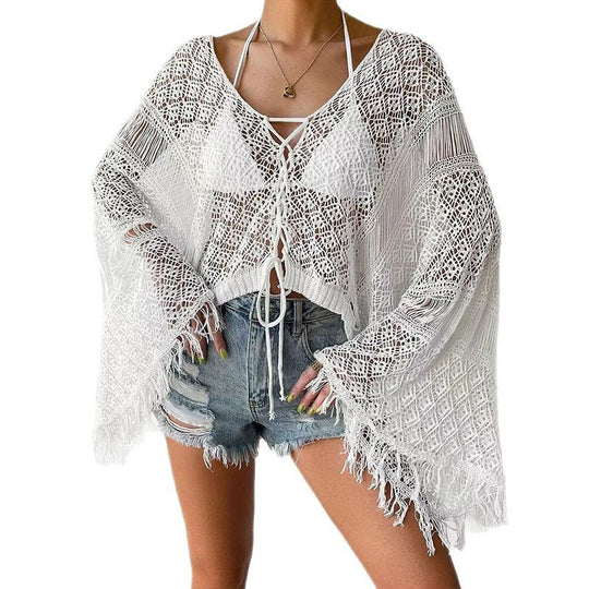 Damen Häkel-Strandüberwurf mit eleganten Fransen und V-Ausschnitt Fudus
