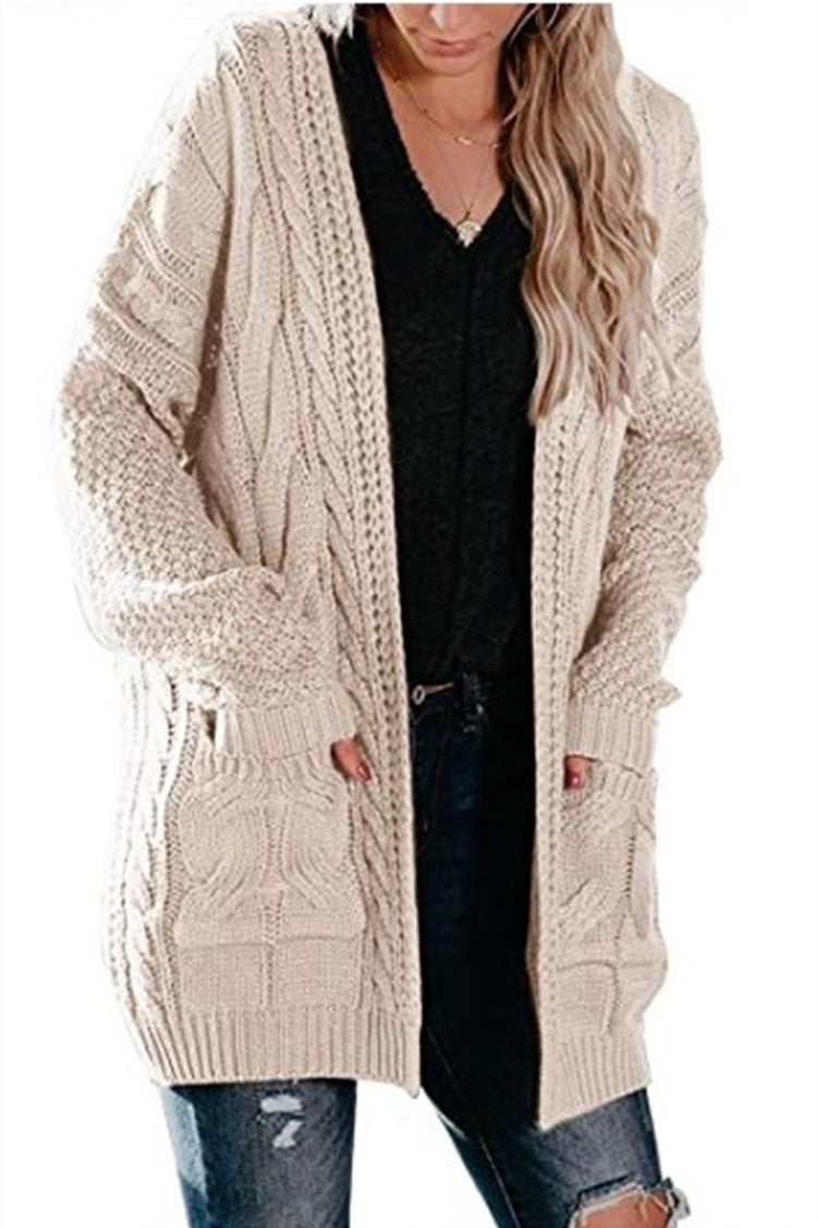 Damen Grobstrick Cardigan mit modernem Zopfmuster und großen Taschen Fudus