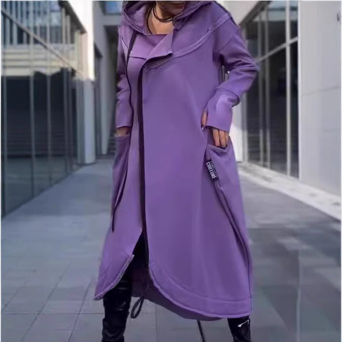 Damen modischer Kapuzenmantel mit seitlichen Taschen und asymmetrischem Saum Fudus