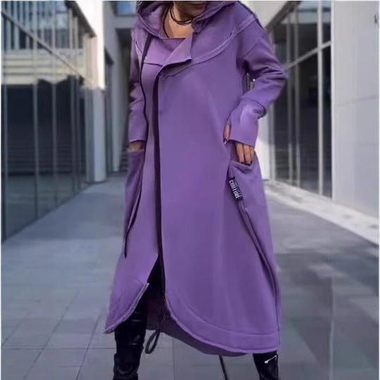 Damen modischer Kapuzenmantel mit seitlichen Taschen und asymmetrischem Saum Fudus