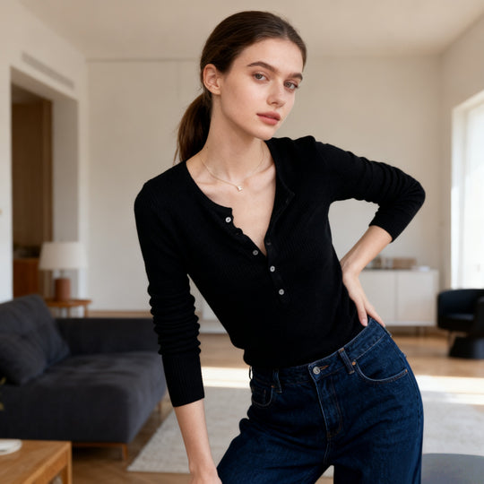 Damen Langarmshirt mit Knopfleiste und Rippstruktur Fudus