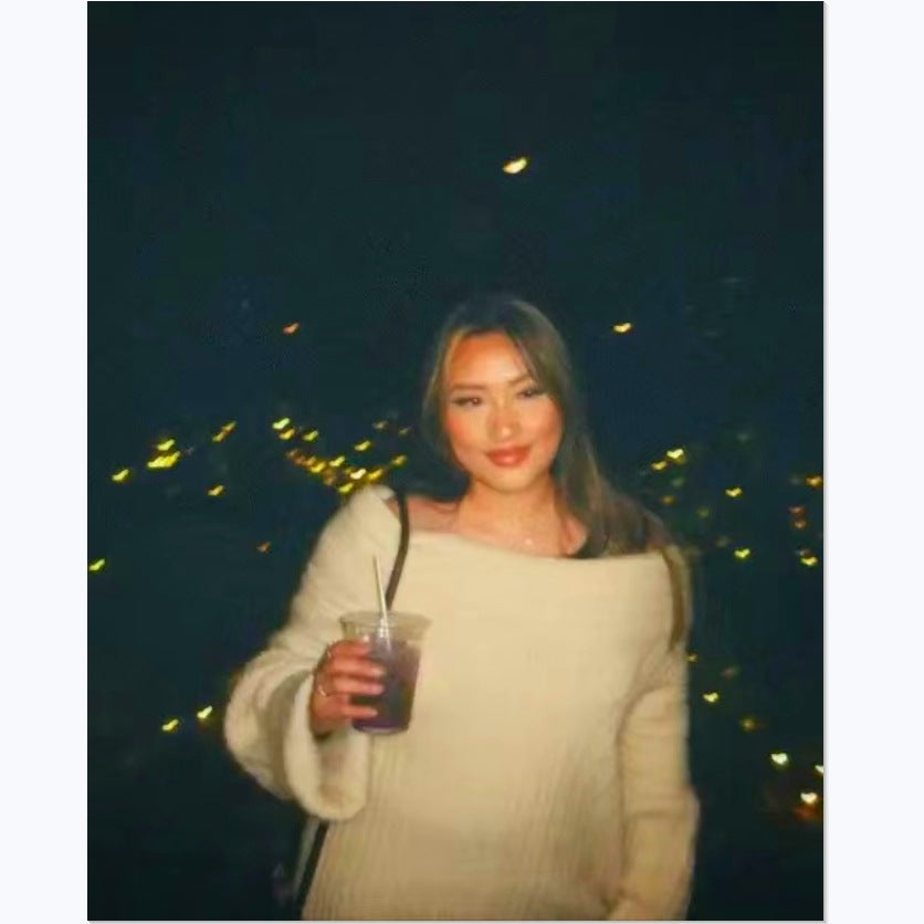 Damen grobstrickiger Pullover mit offener Schulter und lässigem Schnitt Fudus