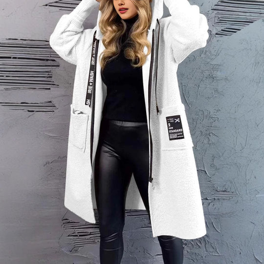 Damen Langhaarmantel mit Taschen und Kapuze Fudus