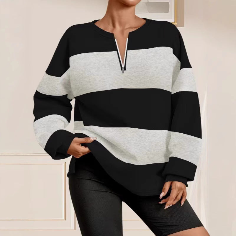 Damen Langarm Sweatshirt mit modernem Reißverschluss und gestreiftem Design Fudus