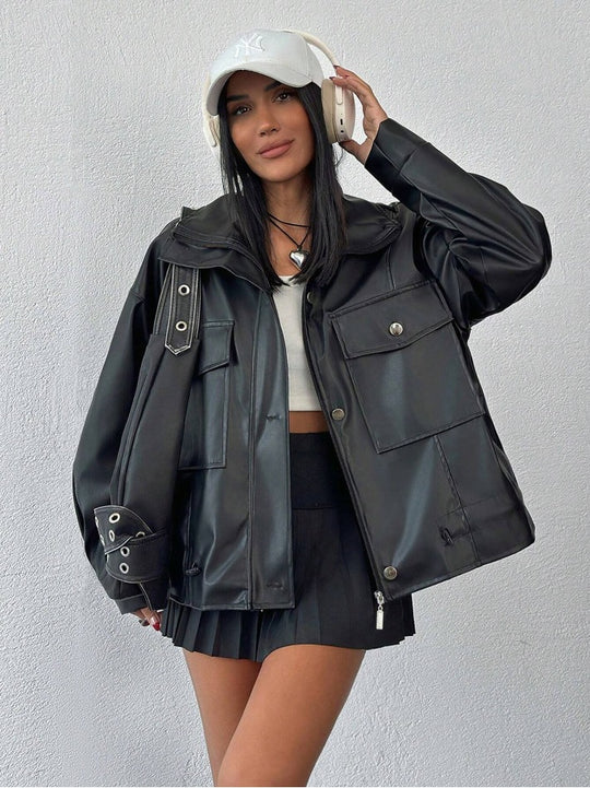 Damen lässige Oversized-Jacke mit großen Taschen Fudus