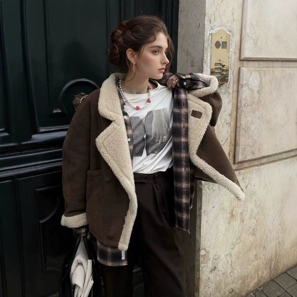 Damen kuschelige Lammfelljacke mit großem Kragen Fudus