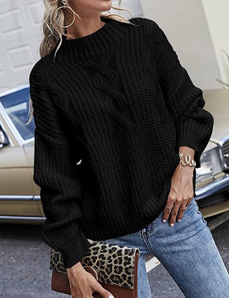 Damen Grobstrickpullover mit hohem Kragen und dekorativem Zopfmuster Fudus