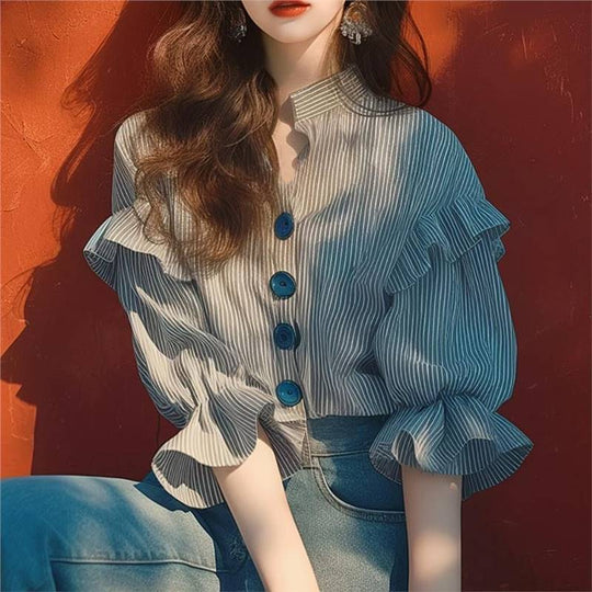 Damen Hemdbluse mit Rüschen und Knopfdetail Fudus