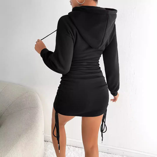 Damen Kapuzenkleid mit seitlichem Raffungsdesign und verstellbarem Kordelzug Fudus