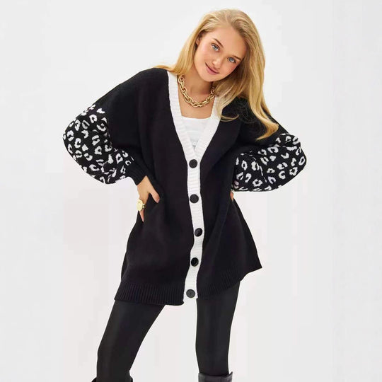 Damen Grobstrick Cardigan mit Leopardenmuster und Knöpfen Fudus