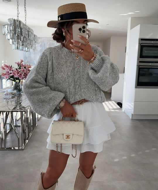 Damen Grobstrickpullover mit voluminösen Ärmeln und romantischem Zopfdesign Fudus